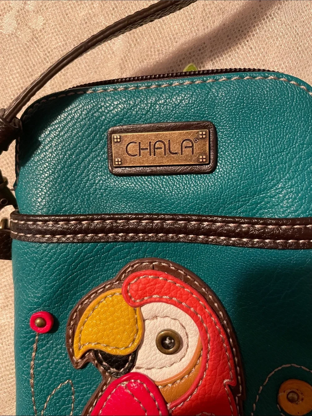 Chala Teal Crossbody Phone Pouch with Colorful Parrot Applique - Picture 2 of 6